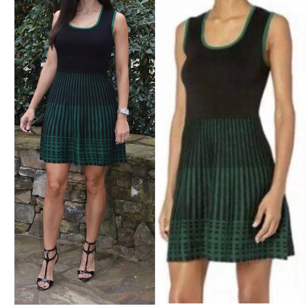 M1 Anne Klein Fit & Flare Party Dress Black Green Knit Mini Sleeveless XS